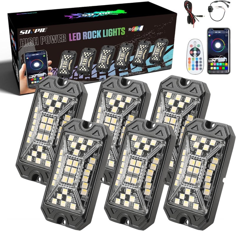 SUNPIE 6 Pods Full Angle RGBW Rock Lights Full Luminous Zone with Phone App Voice Mode Music Mode Neon Accent Wheel Well Lights for Off Road Truck SUV ATV UTV Boats (6Pcs) - Image 1